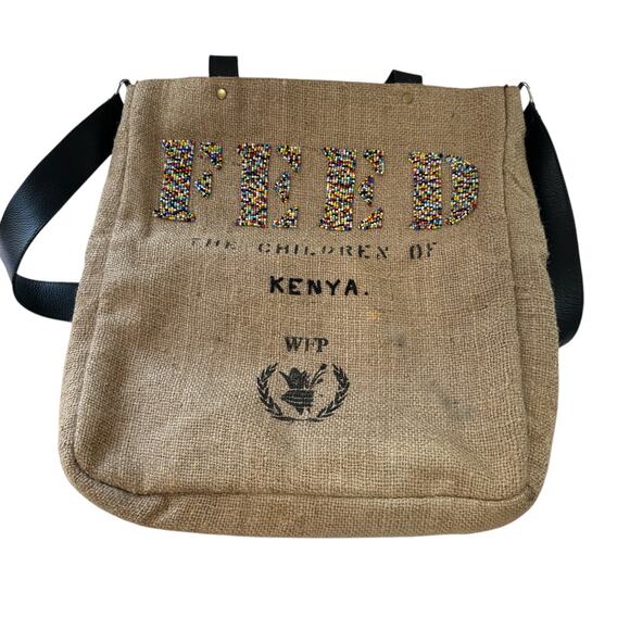 FEED Hand Beaded Burlap Tote Bag Shoulder Bag WFP Kenya Project Sustainable - Picture 1 of 8